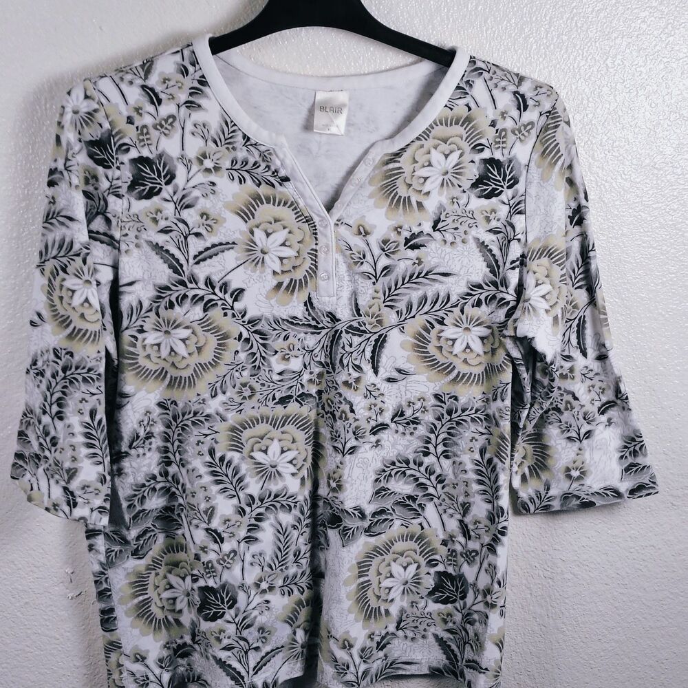 Blair Women’s Tunic Multicolor Black/grey 3/4 Slv Top Size S Bottom Collar - Picture 2 of 7